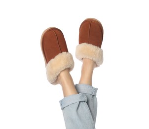 Photo of Woman in soft slippers on white background, closeup