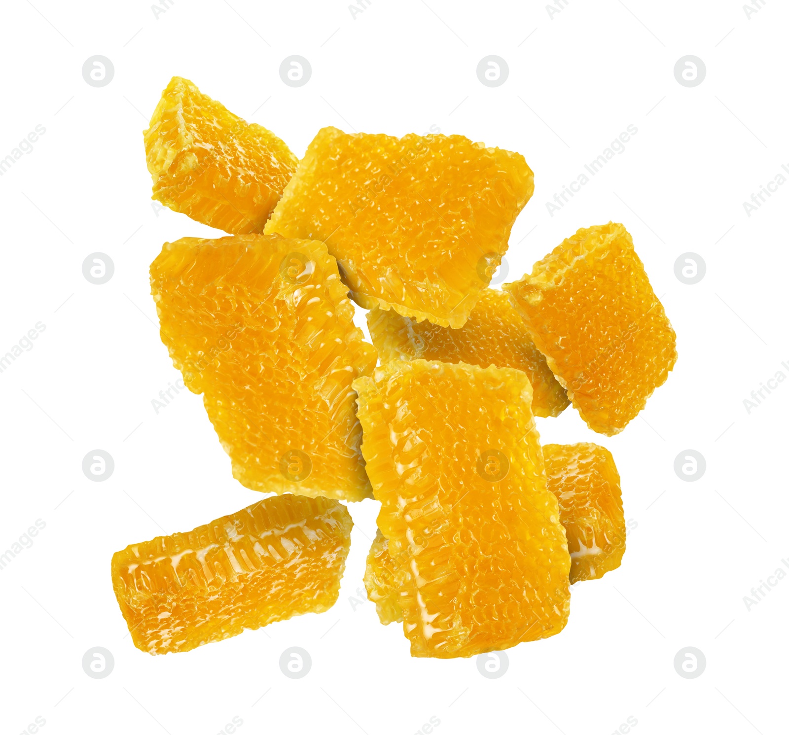 Image of Pieces of honeycomb falling on white background