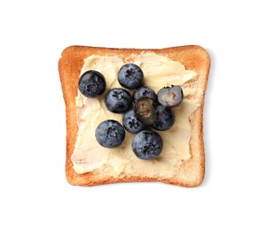 Tasty toast with butter and blueberry isolated on white, top view