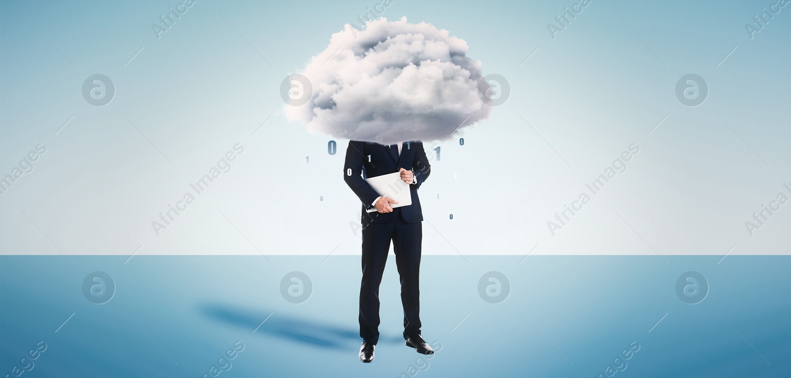 Image of Man with cloud on his head against light background. Modern storage technology concept