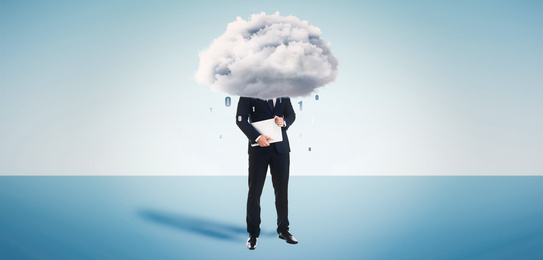 Image of Man with cloud on his head against light background. Modern storage technology concept