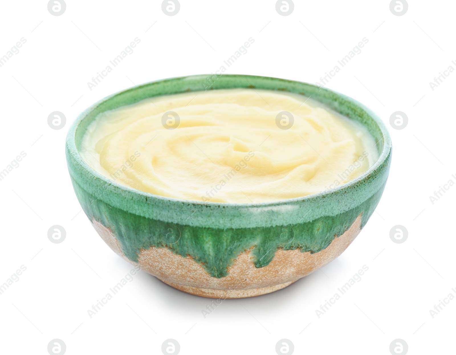 Photo of Bowl with tasty mashed potatoes on white background