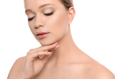 Photo of Portrait of young woman with beautiful face on white background, closeup