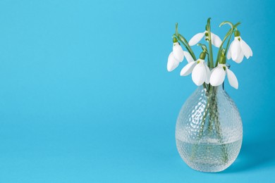 Beautiful snowdrops in vase on light blue background, space for text
