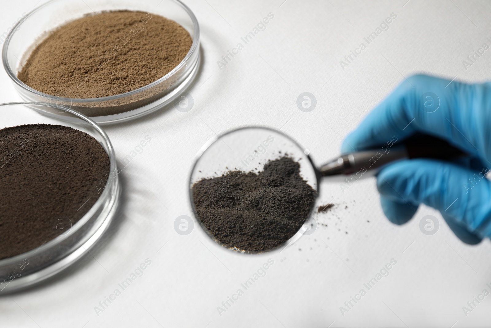 Photo of Scientist examining soil sample with magnifier at table, closeup. Laboratory research