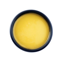 Bowl of Ghee butter isolated on white, top view