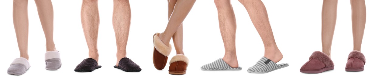 Image of Collage with photos of people wearing stylish slippers on white background, closeup. Banner design