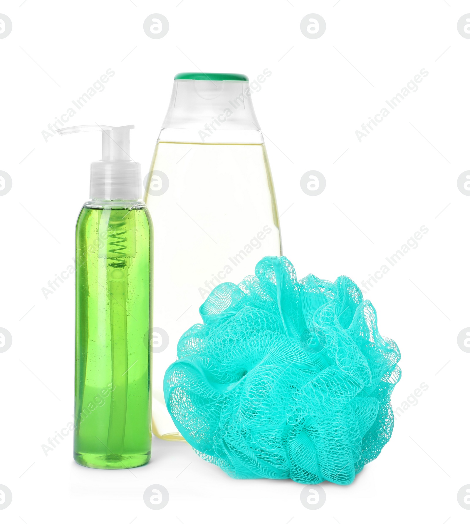 Photo of Personal hygiene products and shower puff on white background