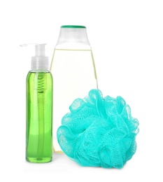 Personal hygiene products and shower puff on white background