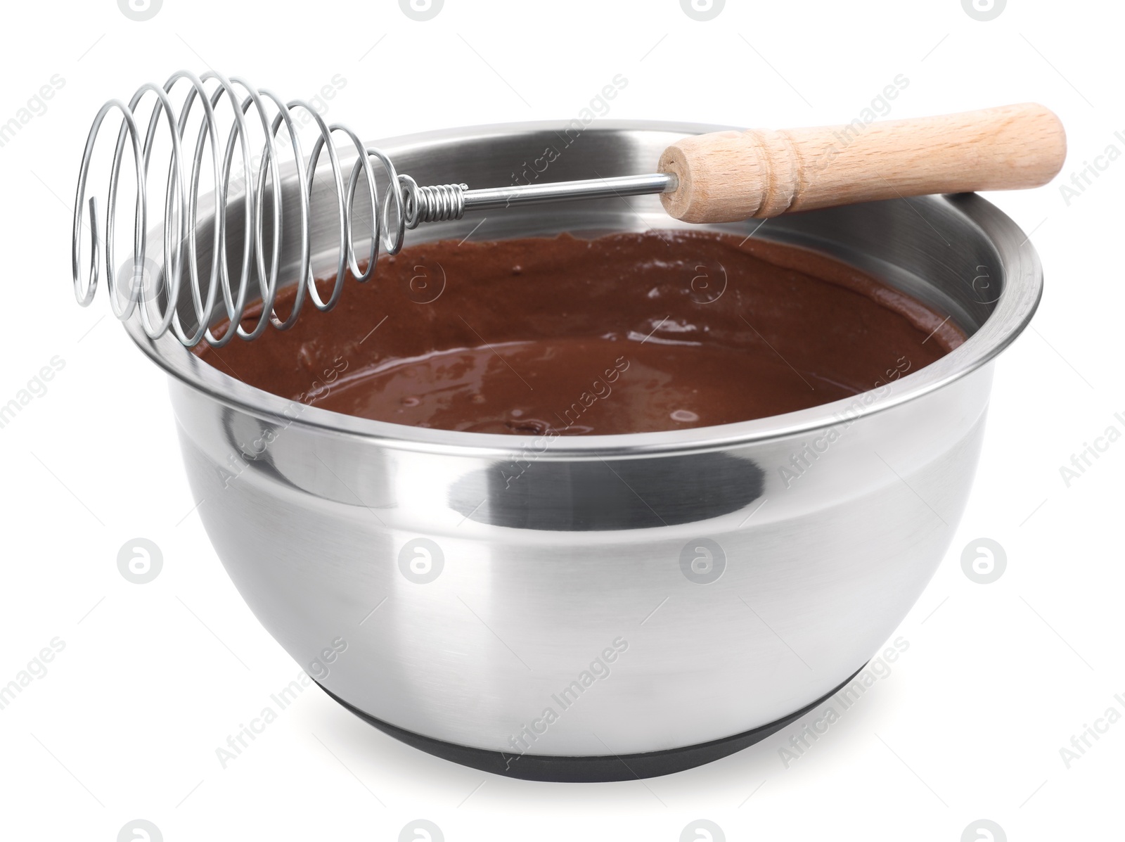 Photo of Whisk and bowl with chocolate cream isolated on white