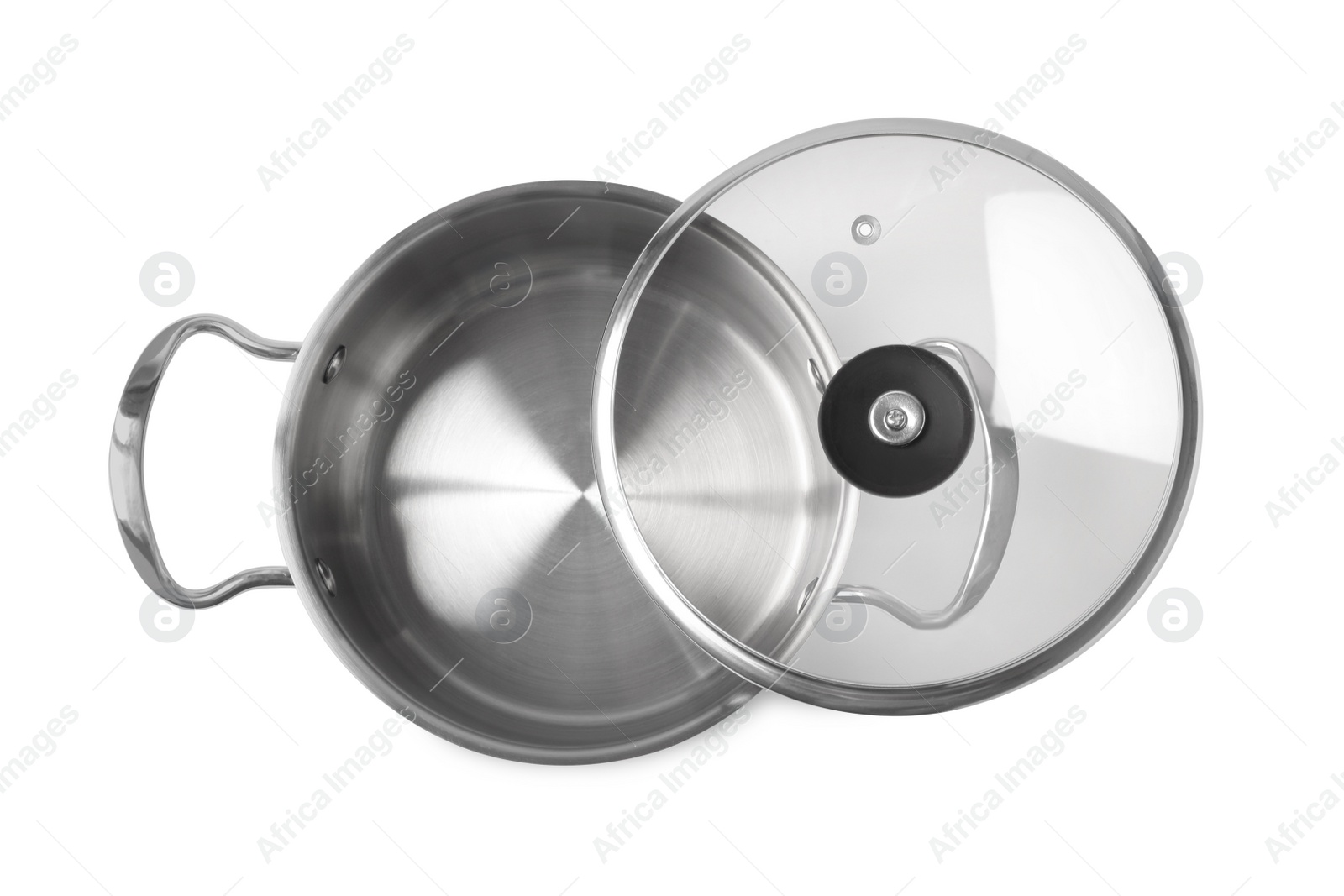 Photo of New shiny pot with glass lid isolated on white, top view