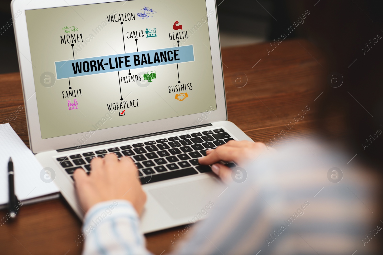 Image of Work-life balance concept. Woman with modern laptop at table, closeup