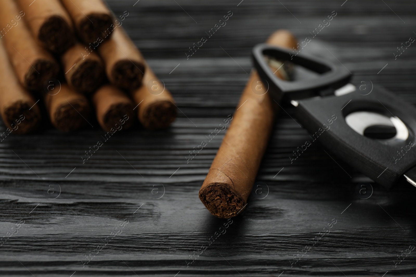 Photo of Cigars and guillotine cutter on black wooden table, closeup