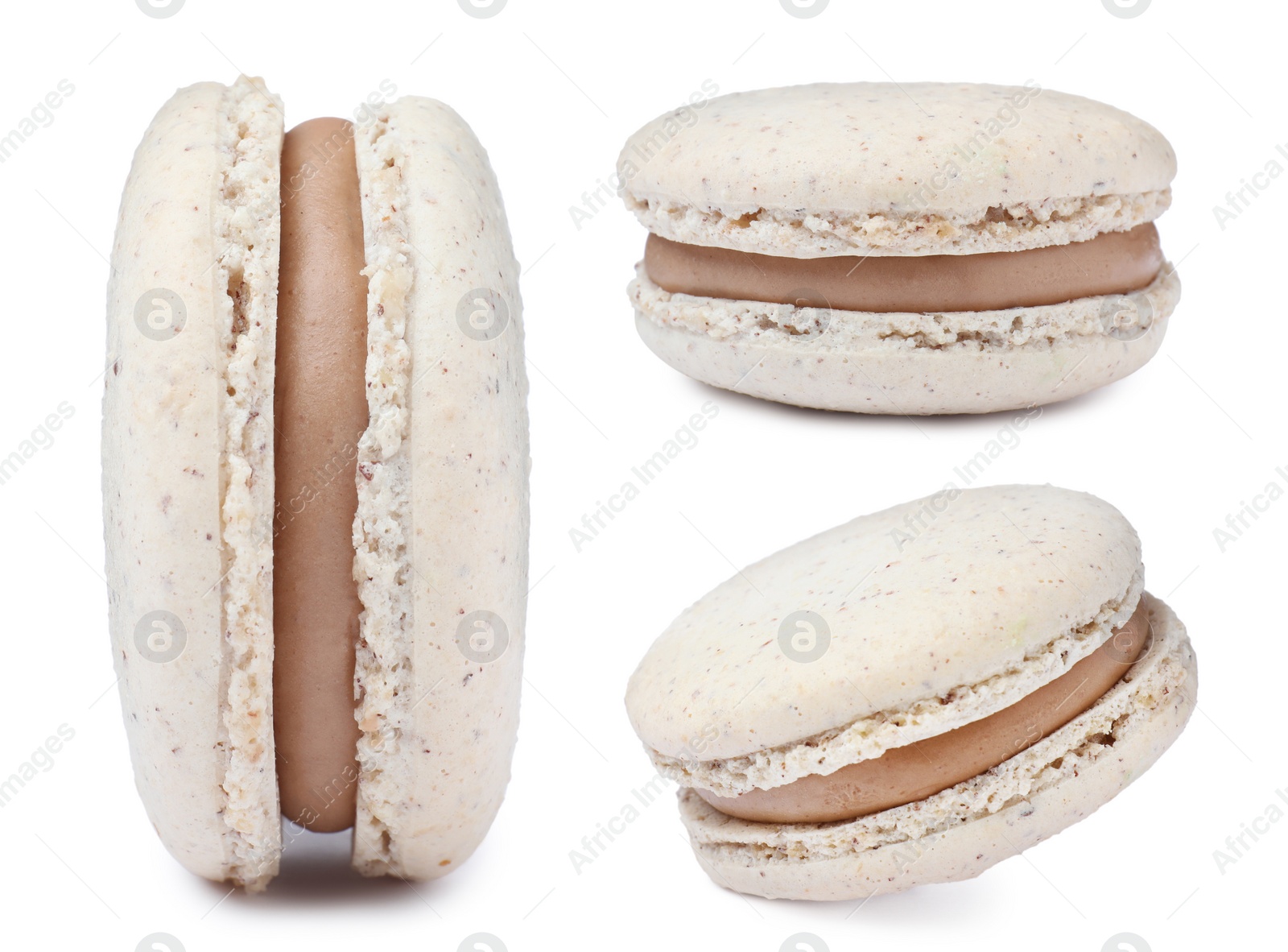 Image of Set with delicious macarons on white background