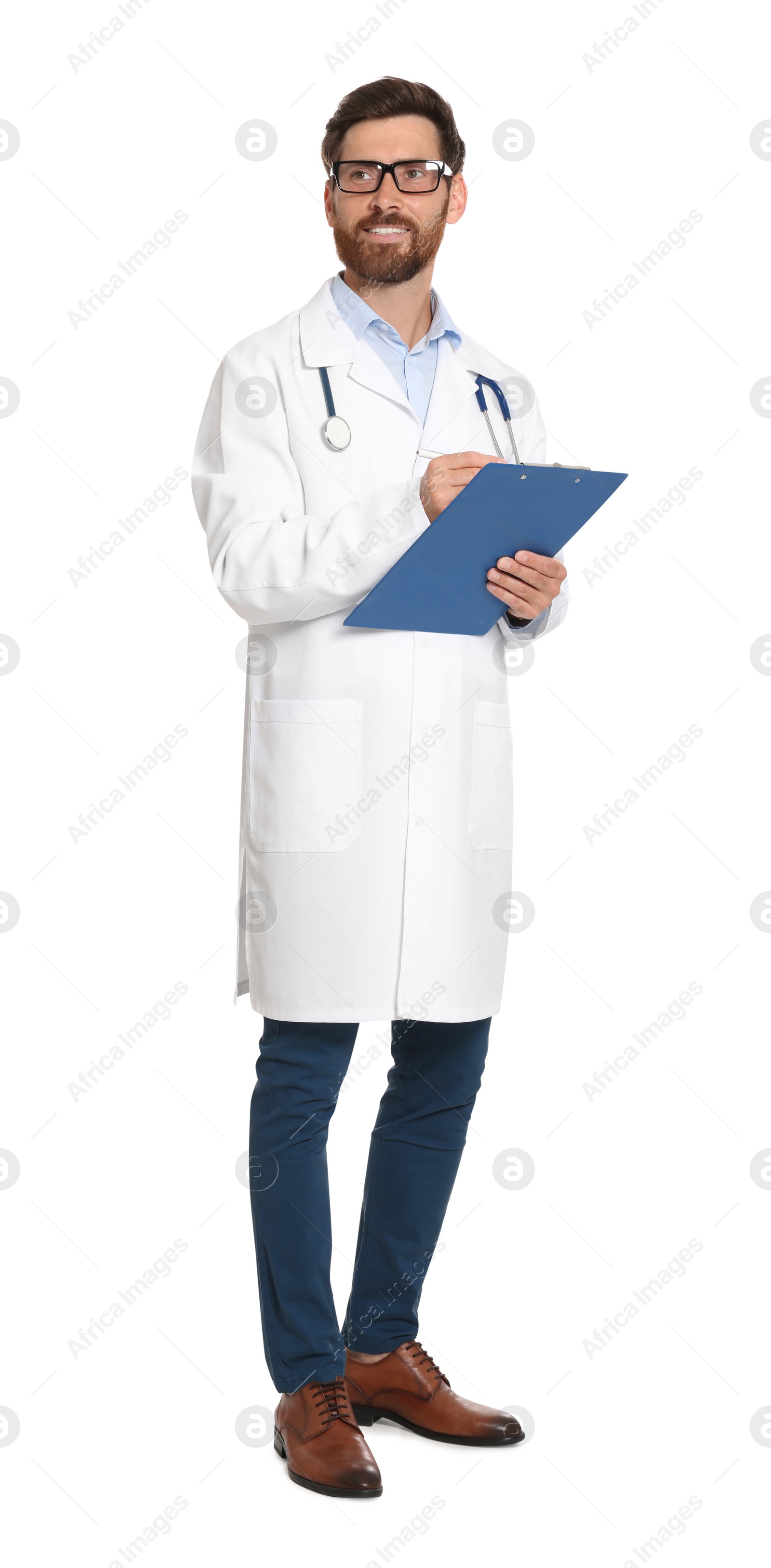 Photo of Full length portrait of doctor with clipboard on white background