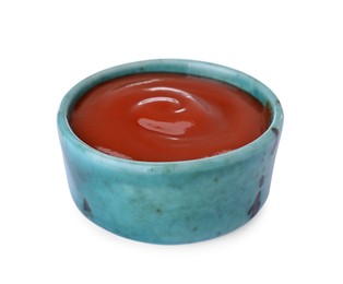 Photo of Bowl of tasty ketchup isolated on white. Tomato sauce