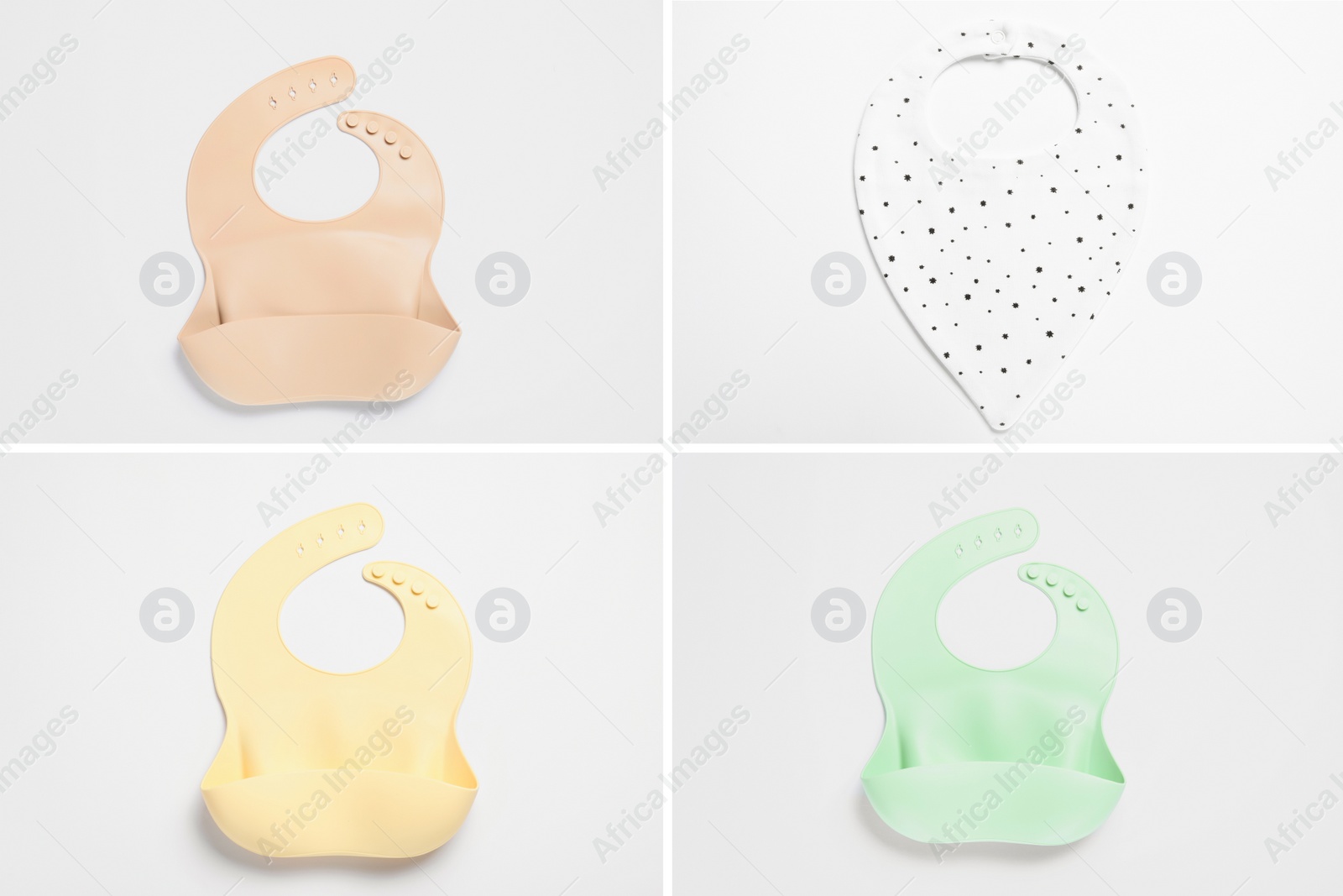 Image of Different baby bibs on light background, top view. Collage