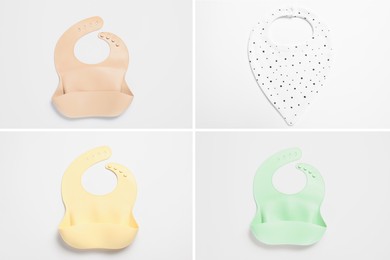 Image of Different baby bibs on light background, top view. Collage