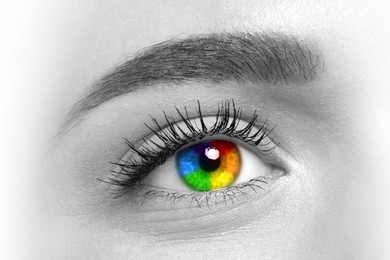 Beautiful woman, closeup. Focus on right eye, iris in rainbow colors