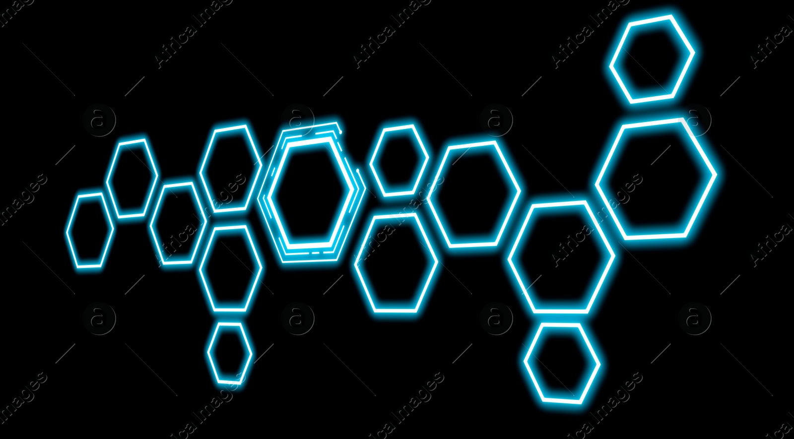 Image of Pattern of hexagons on black background, illustration. Banner design