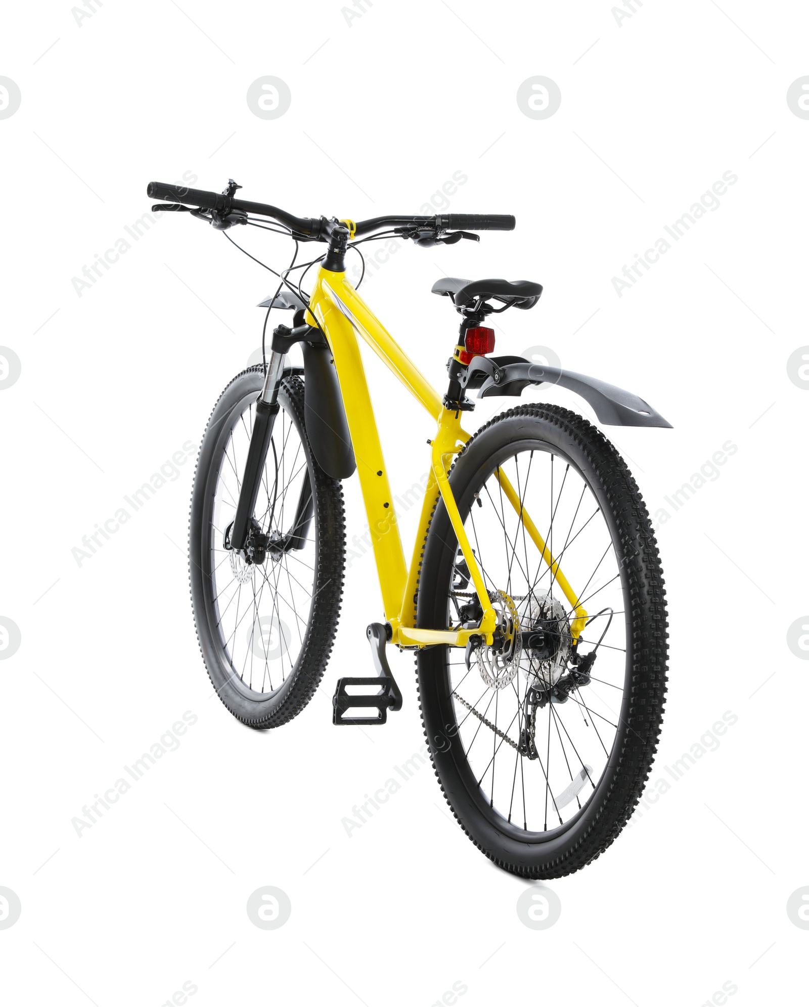 Photo of Modern yellow mountain bicycle on white background