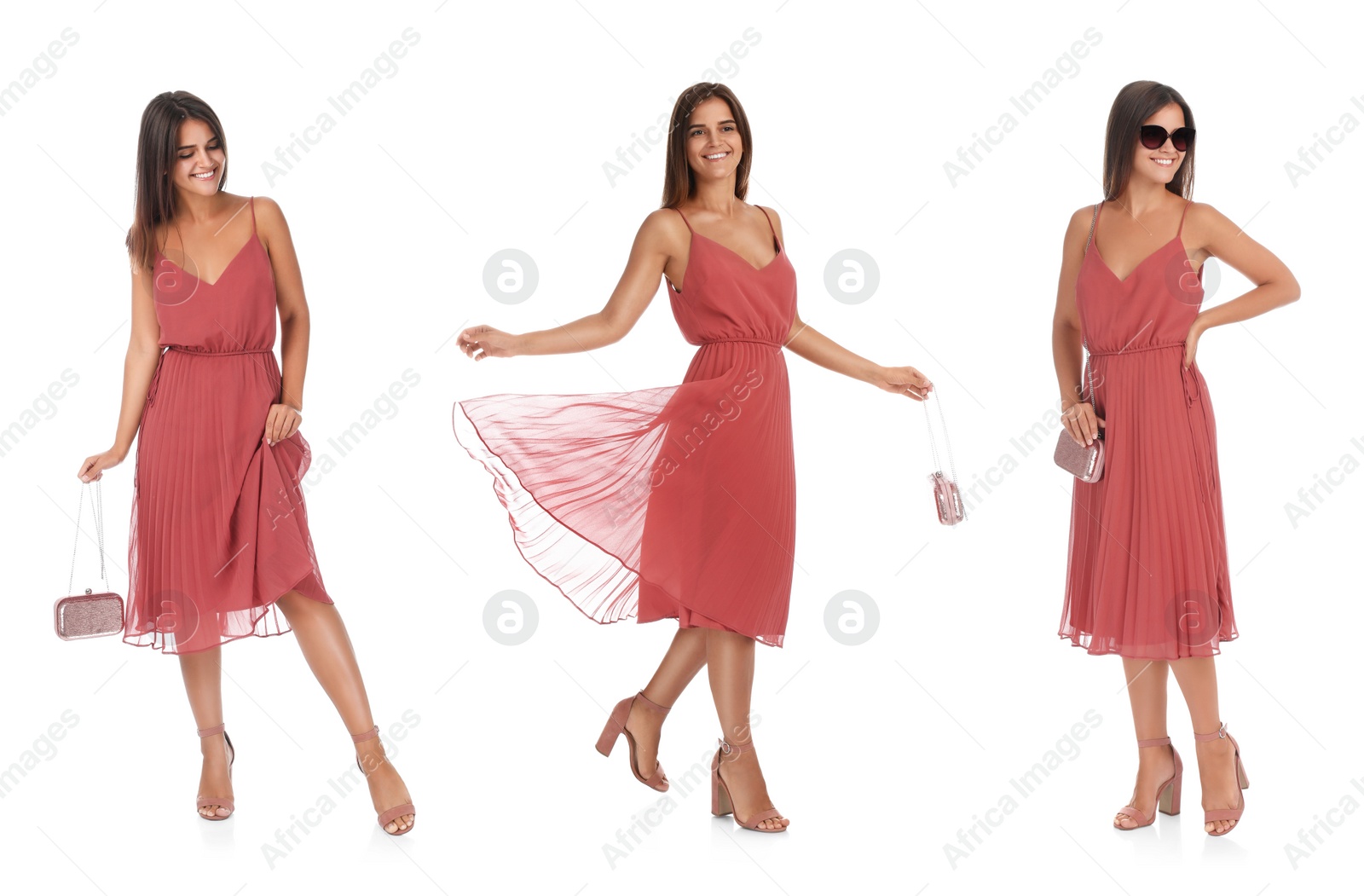 Image of Collage with photos of woman wearing dress on white background