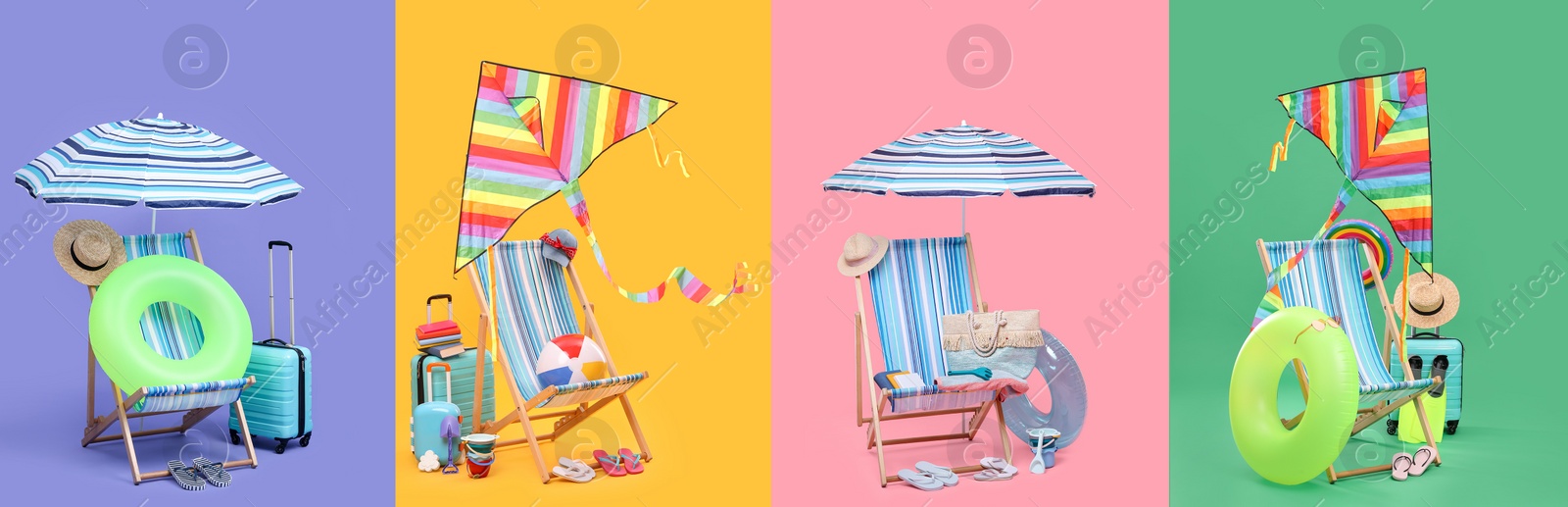 Image of Deck chair and beach accessories, set with different color backgrounds