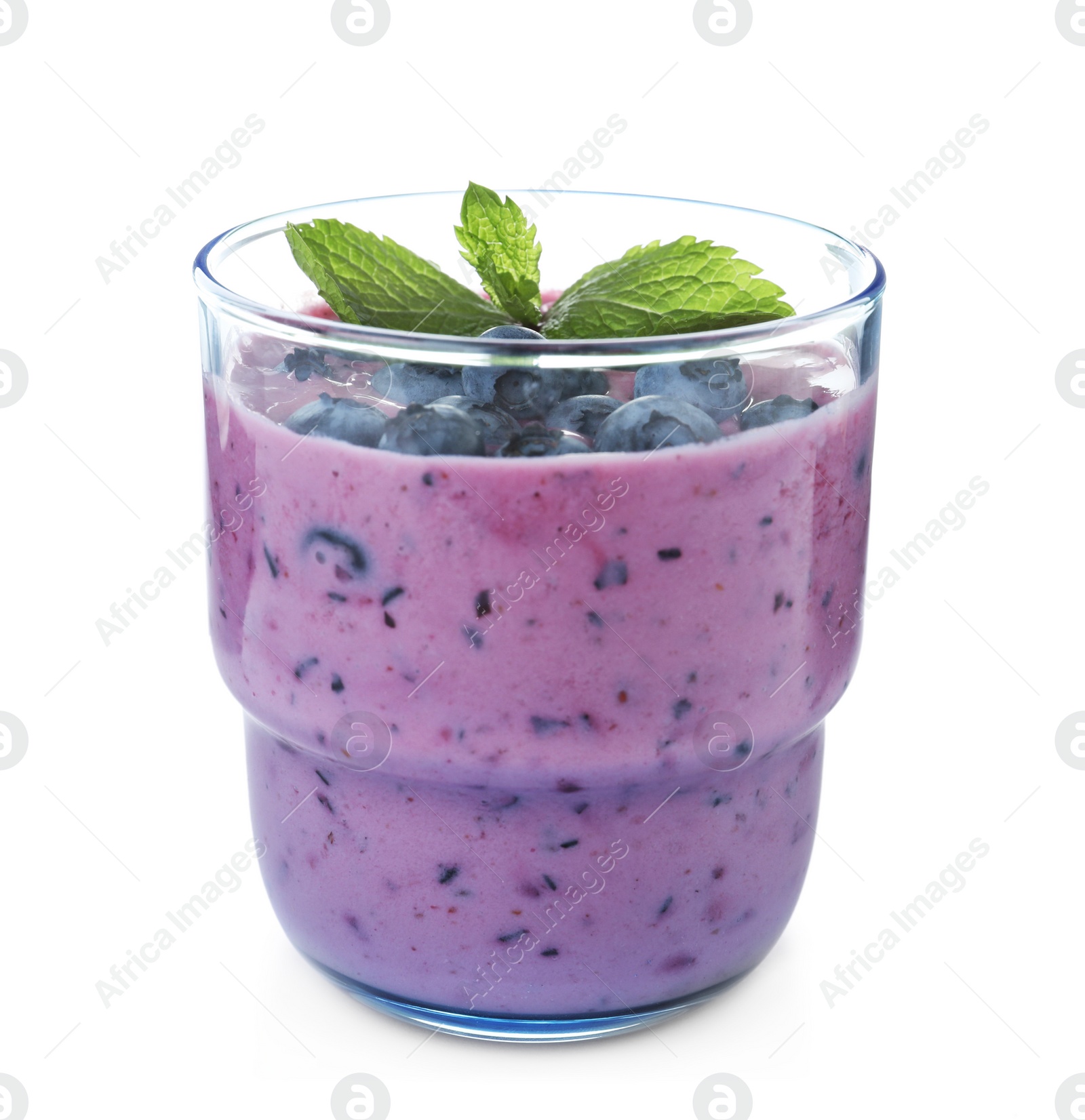 Photo of Glass of tasty blueberry smoothie with mint on white background