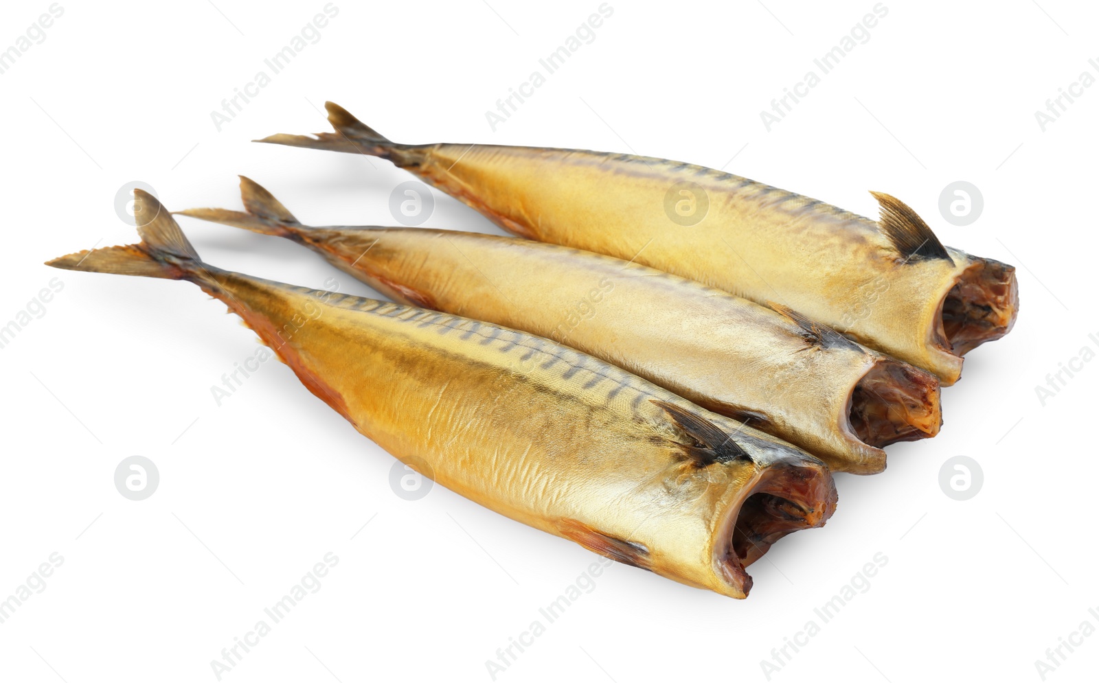 Photo of Delicious smoked mackerels isolated on white.
Seafood product