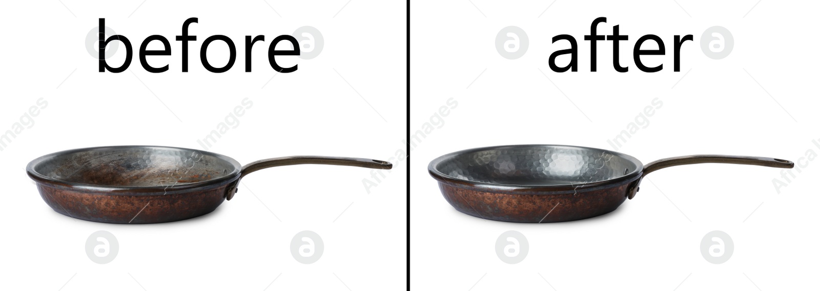 Image of Frying pan before and after cleaning on white background, collage. Banner design