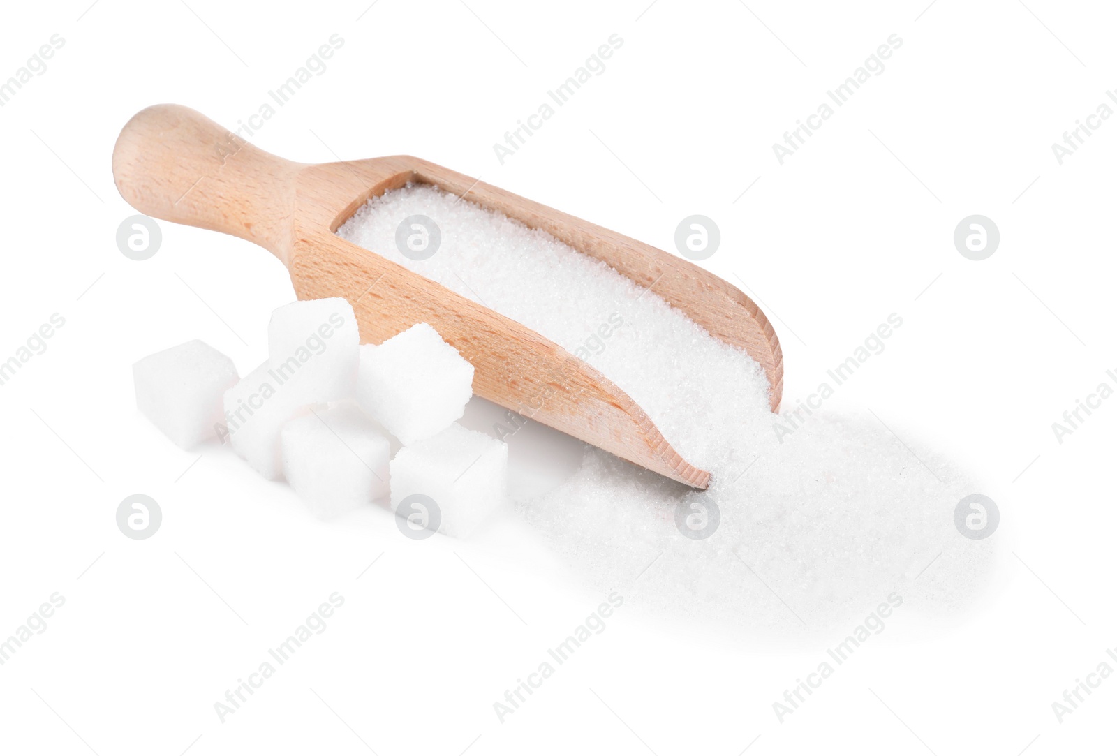 Photo of Different types of sugar and scoop isolated on white