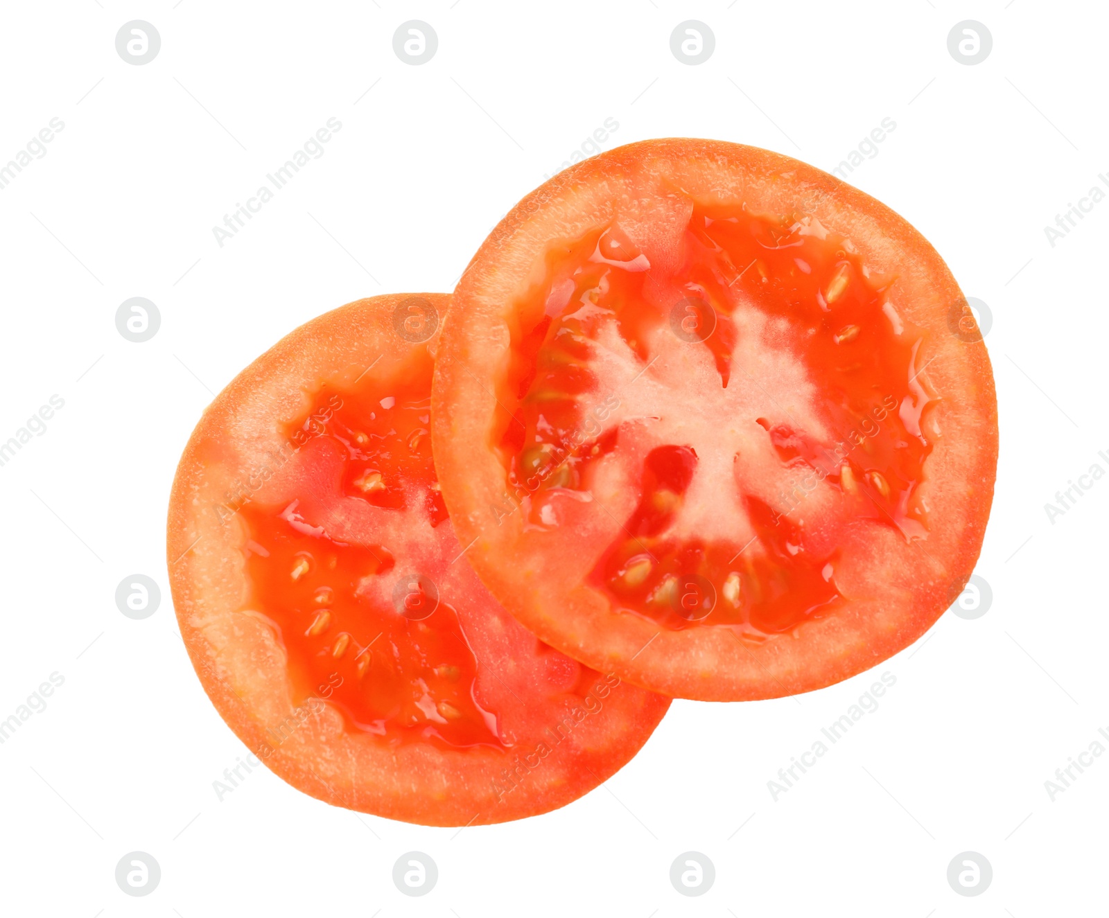 Photo of Slices of tomato for burger isolated on white, top view