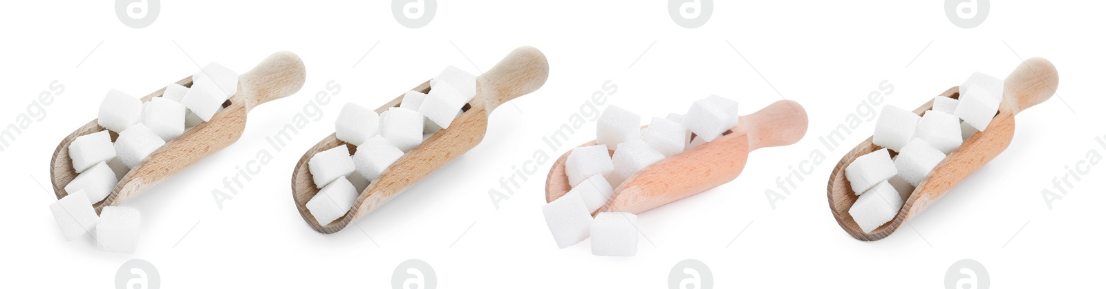 Image of Sugar cubes in scoops isolated on white, set