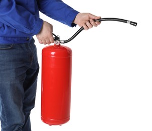 Photo of Man with fire extinguisher on white background, closeup