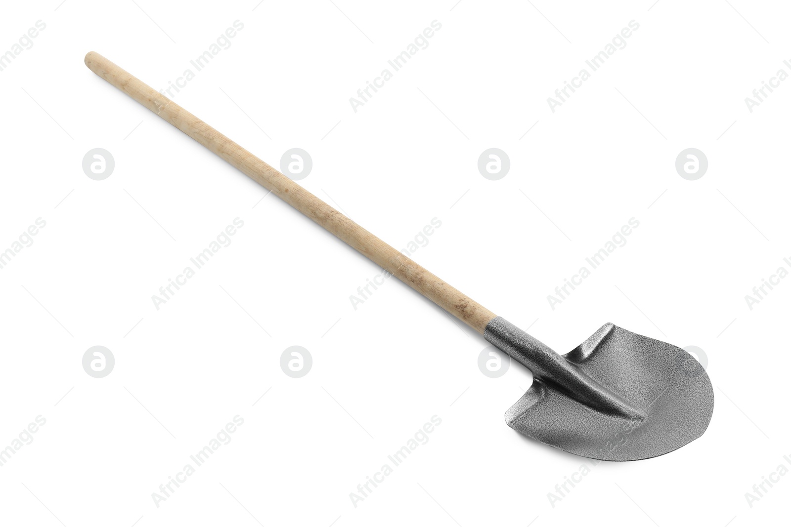 One new shovel with wooden handle isolated on white. Gardening tool Photo of One new shovel with wooden handle isolated on white. Gardening tool