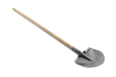 Photo of One new shovel with wooden handle isolated on white. Gardening tool