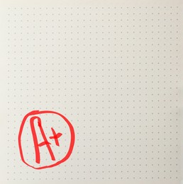 Image of School grade. Red letter A with plus symbol on notebook paper