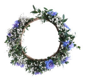 Photo of Beautiful handmade flower wreath on white background