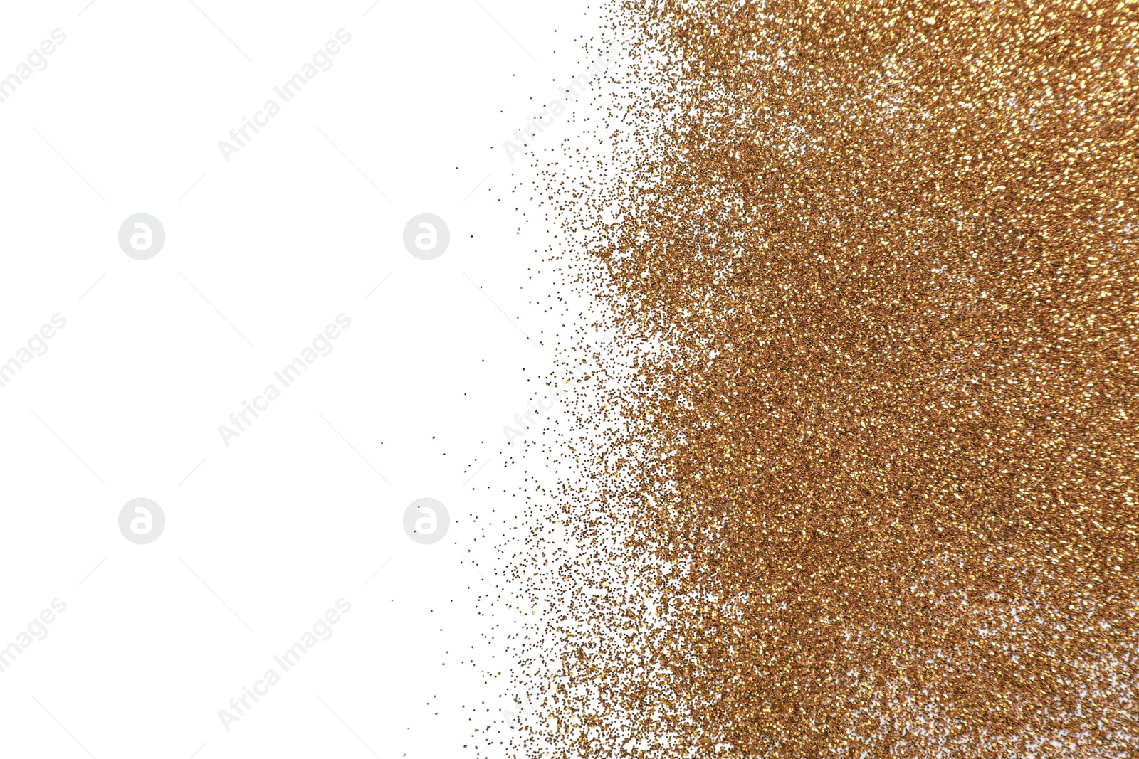 Photo of Shiny golden glitter on white background, top view