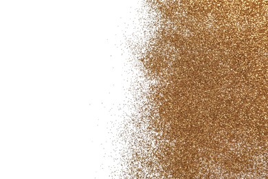 Photo of Shiny golden glitter on white background, top view