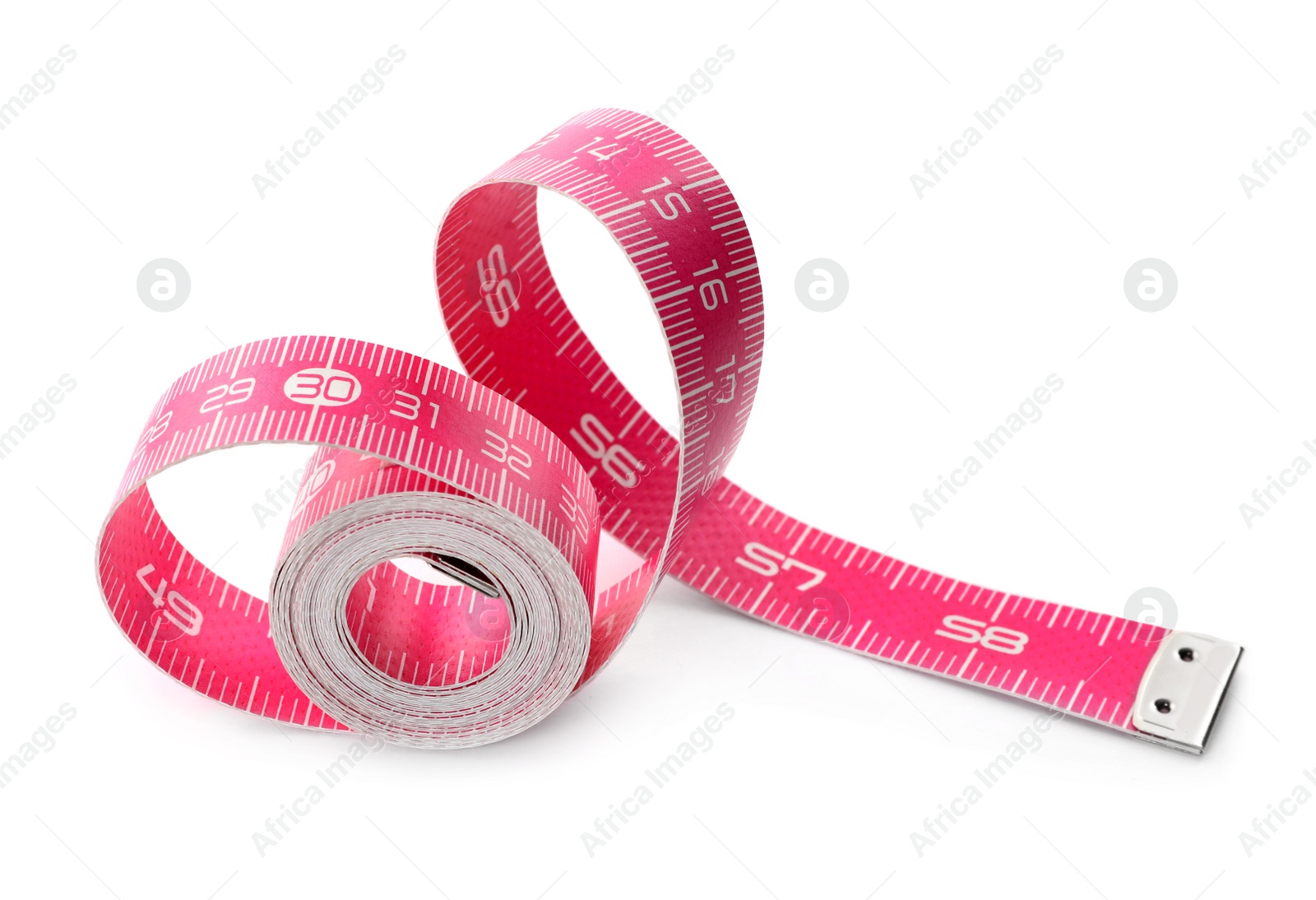 Photo of New pink measuring tape isolated on white