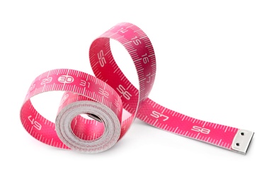 New pink measuring tape isolated on white