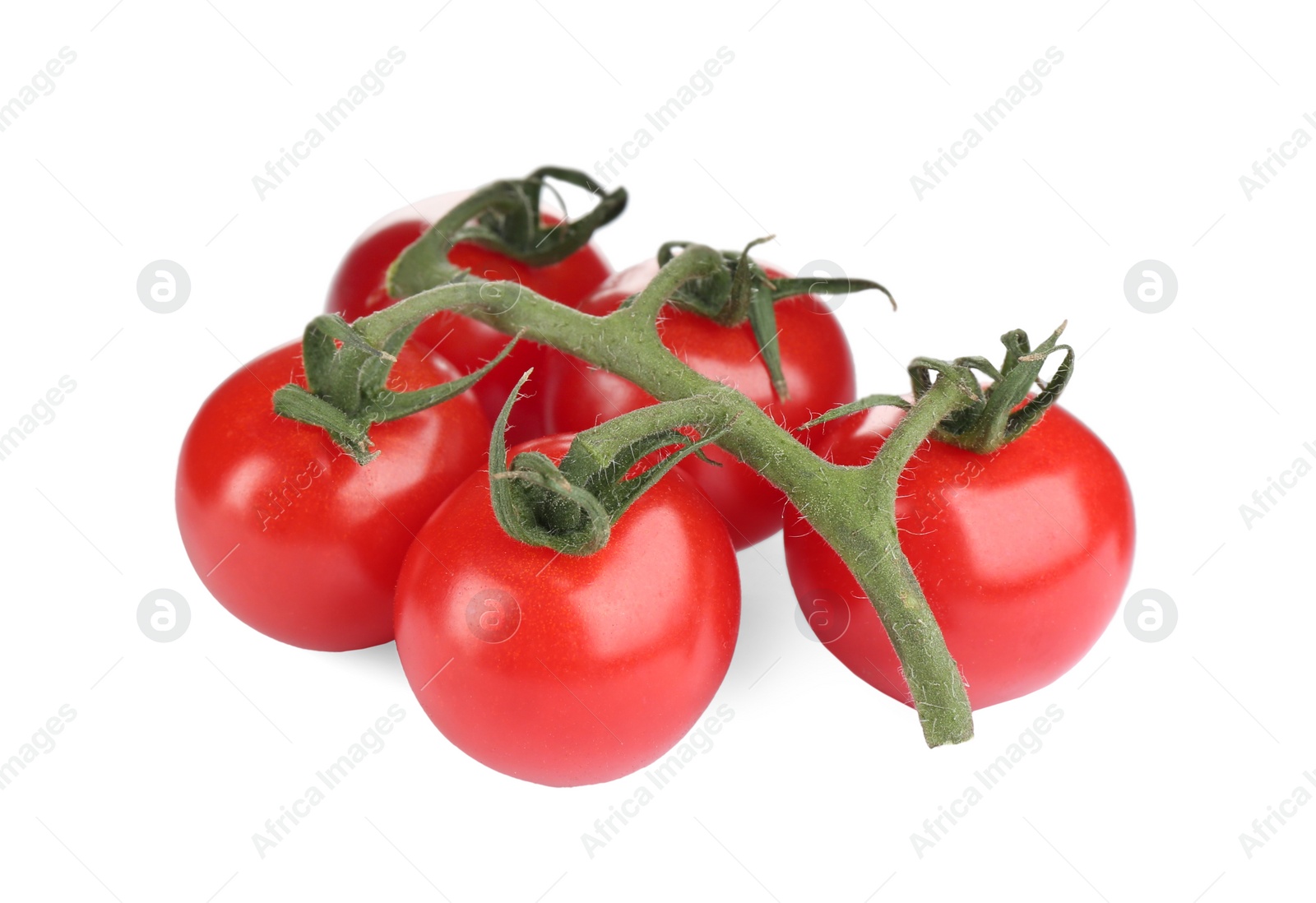 Photo of Branch of fresh cherry tomatoes isolated on white