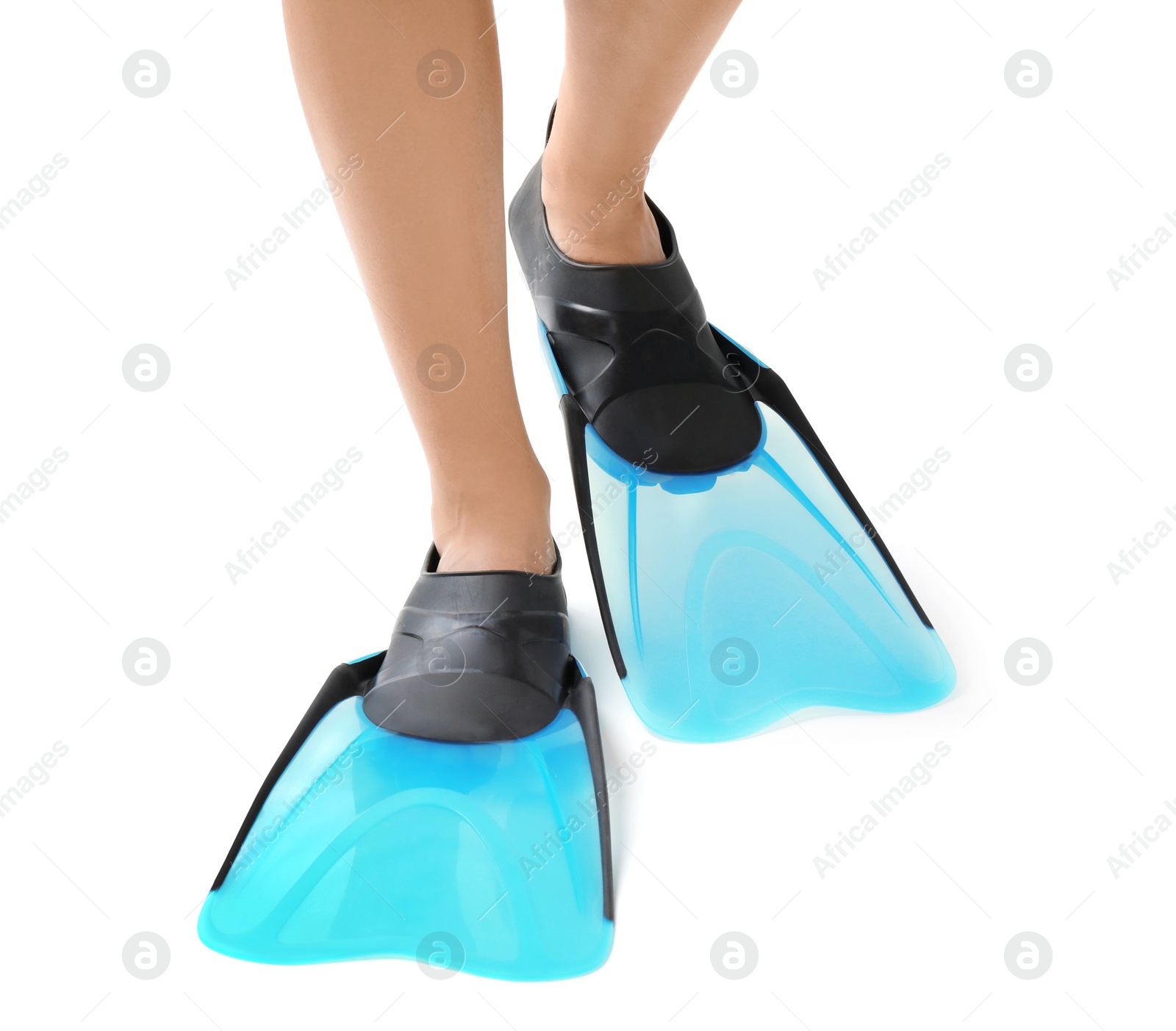 Photo of Woman wearing blue flippers on white background, closeup