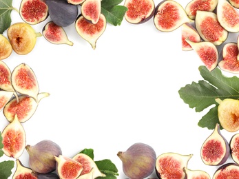 Image of Frame made of tasty figs on white background, top view. Space for text