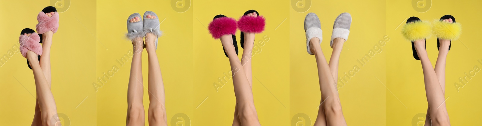 Collage with photos of women wearing stylish slippers on yellow background, closeup. Banner design Image of Collage with photos of women wearing stylish slippers on yellow background, closeup. Banner design