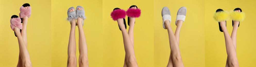 Image of Collage with photos of women wearing stylish slippers on yellow background, closeup. Banner design