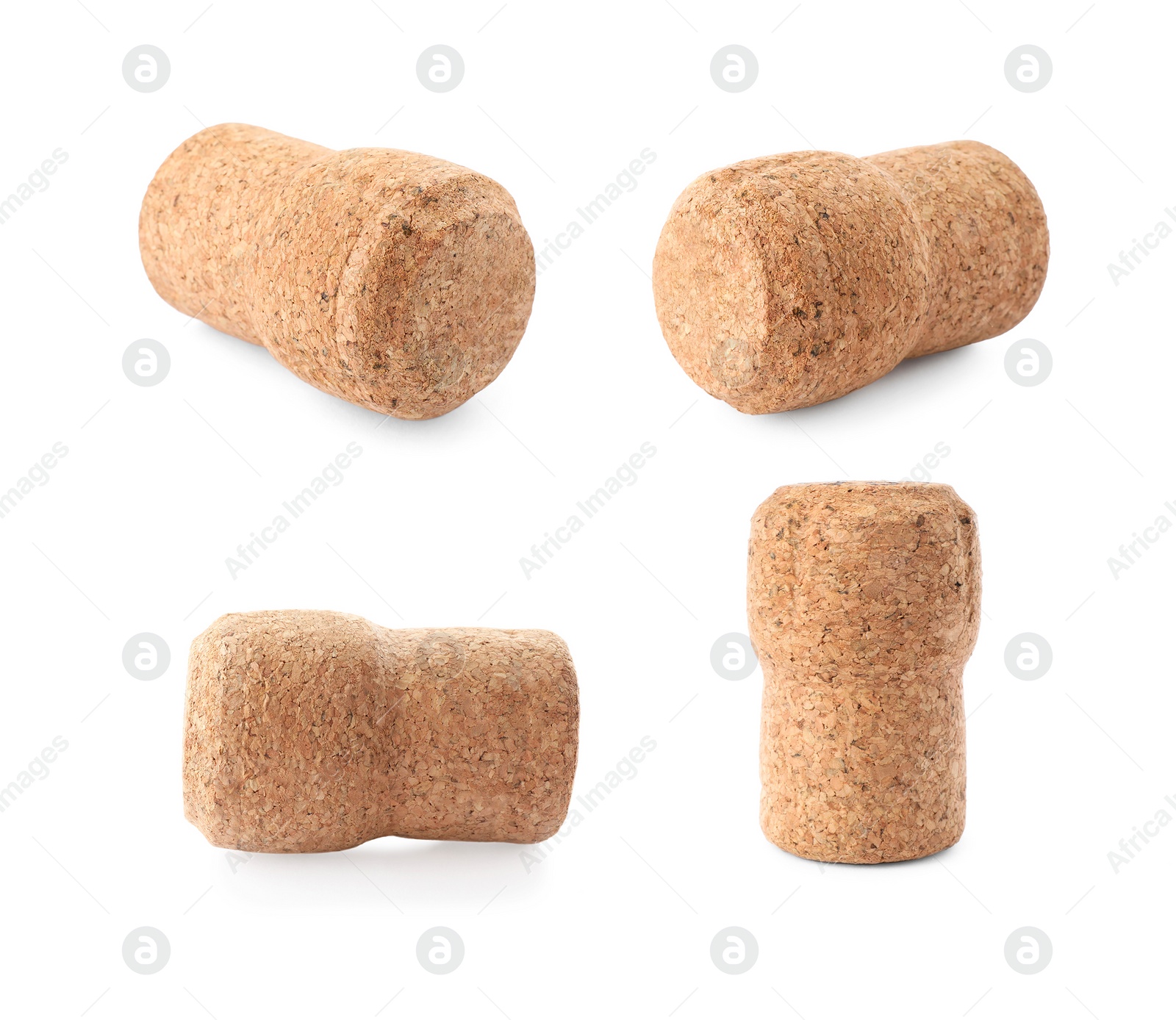 Image of Set with corks of sparkling wine bottles on white background