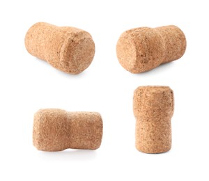 Image of Set with corks of sparkling wine bottles on white background