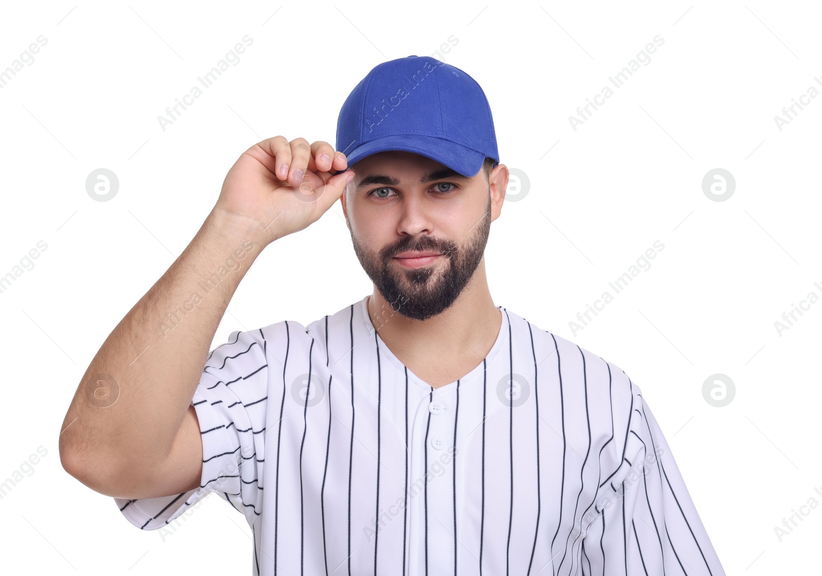 Photo of Man in stylish blue baseball cap on white background